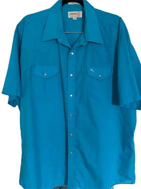 Sheplers Cowboy Pearl‎ Snap Shirt Short Sleeves XL Men’s Turquoise Blue 17.5